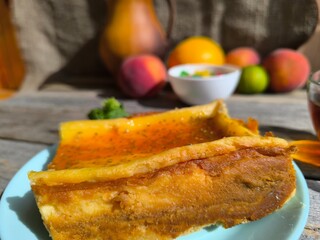 The most delicate sponge cake on a plate. High-quality photos for photography