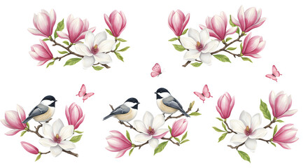 Elegant watercolor arrangement featuring magnolia blossoms, songbirds, and butterflies