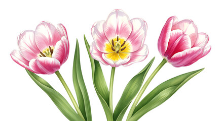 Fototapeta premium Three Watercolor Tulips Blossoming with Delicate Pink and White Petals