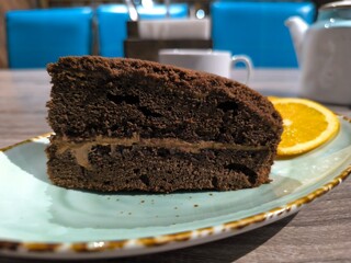 delicious piece of chocolate cake on a plate.