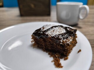 delicious piece of chocolate cake on a plate.