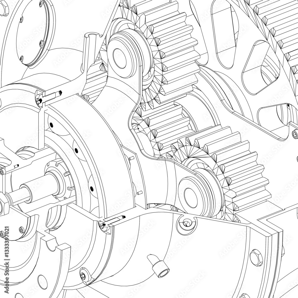Poster a drawing of a machine with gears and a black and white color scheme. the gears are shown in detail.