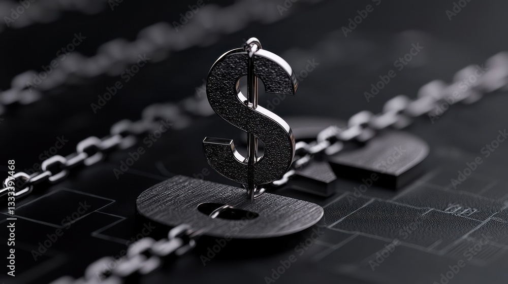 Poster conceptual image of a dollar sign locked with a chain symbolizing financial security.