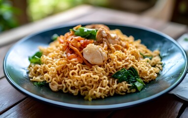 Delicious Chicken Noodle Stir-Fry on Dark Plate