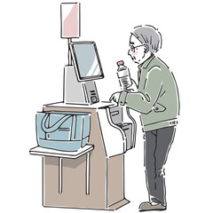 困った顔をしてセルフレジで決済する高齢男性