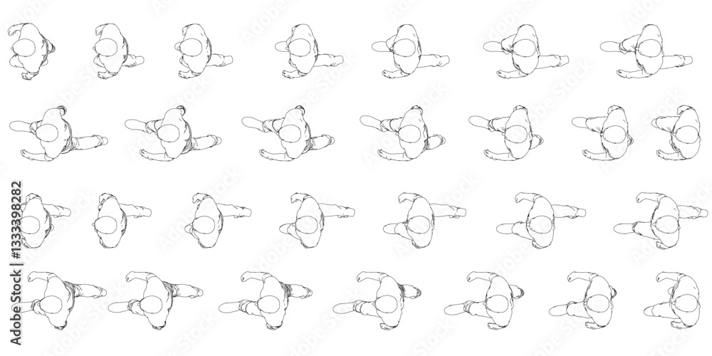 Poster a series of black and white drawings of people in motion. the drawings are all the same size and are