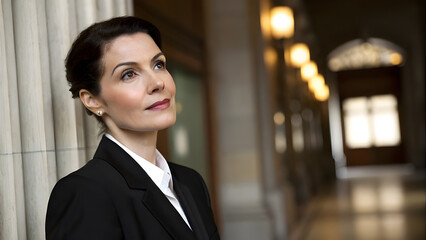 Determined Female Lawyer in Well-Tailored Black Suit. Perfect for: Law Day, corporate law events, legal industry conferences