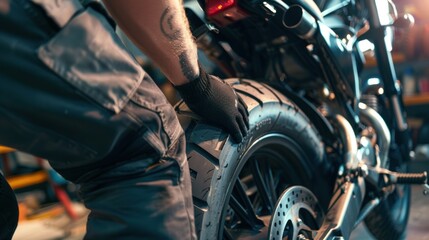 Naklejka premium A mechanic meticulously inspects a motorcycle tire ensuring optimal road safety