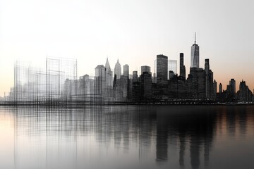 Fototapeta premium A stunning transition from architectural wireframe to a lively nyc cityscape at dusk