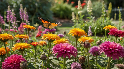 A colorful flower bed in a well-maintained garden, with butterflies and bees buzzing around.

