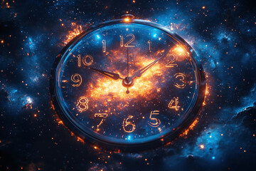 Obraz premium Clock with numbers floats in space, surrounded by stars and galaxies.