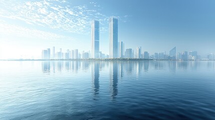 Fototapeta premium Serene Cityscape Reflection Over Calm Waters with Modern Skyscrapers and Clear Blue Sky