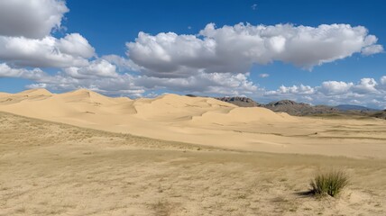 Fototapeta premium Expansive Desert Landscape with Golden Sand Dunes Under a Partly Cloudy Sky
