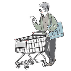 ショッピングカートで買い物をする高齢男性
