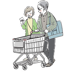 ショッピングカートで買い物をする高齢夫婦