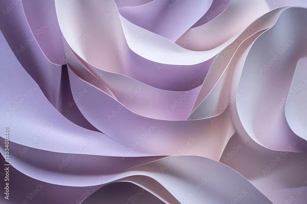 Poster intricate paper installation with angular folds and curves in warm sandstone and lavender tones