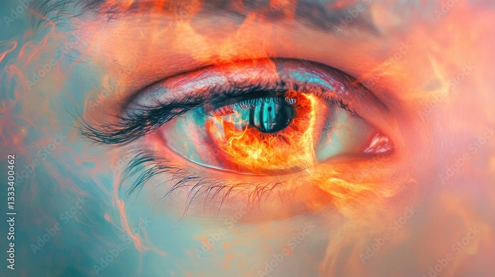 Poster close-up of a human eye with abstract fire and smoke elements creating a surreal and vivid visual ex