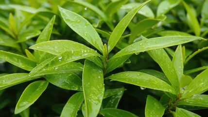 Lush Green Leaves with Water Droplets