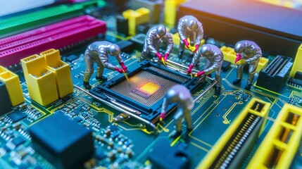 Obraz premium Miniature Technicians Repairing Computer Motherboard AI Technology Concept
