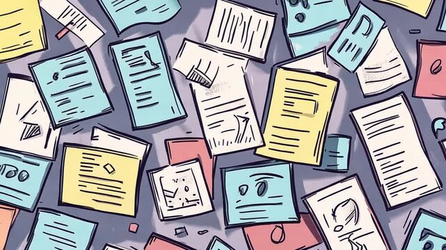 Animated papers in a chaotic arrangement with hand-drawn style and vibrant colors