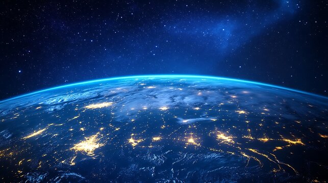 Fantasy energy thunder from earth to galaxy cosmic space views and vibrant night lights