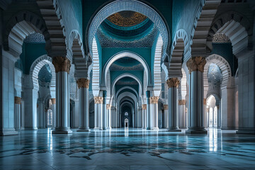 Fototapeta premium Majestic interior of a grand mosque showcasing intricate arches, columns, and serene lighting