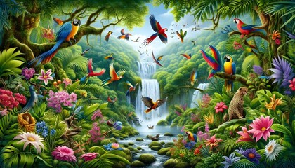 Lush rainforest with exotic birds, colorful flowers, and a cascading waterfall