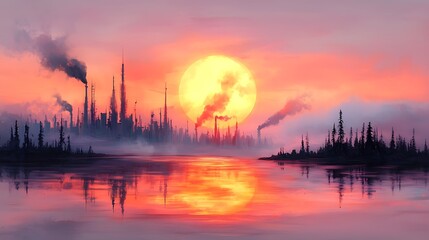 Naklejka premium Threats of industrial pollution sunset views reflecting nature's fragile eco-balance