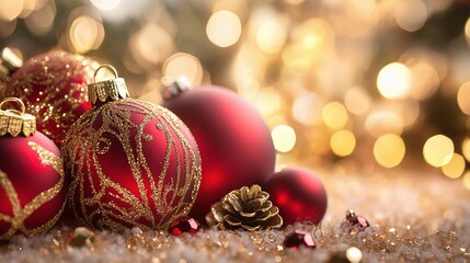 Fototapeta premium Elegant Red and Gold Holiday Ornaments on a Festive Background