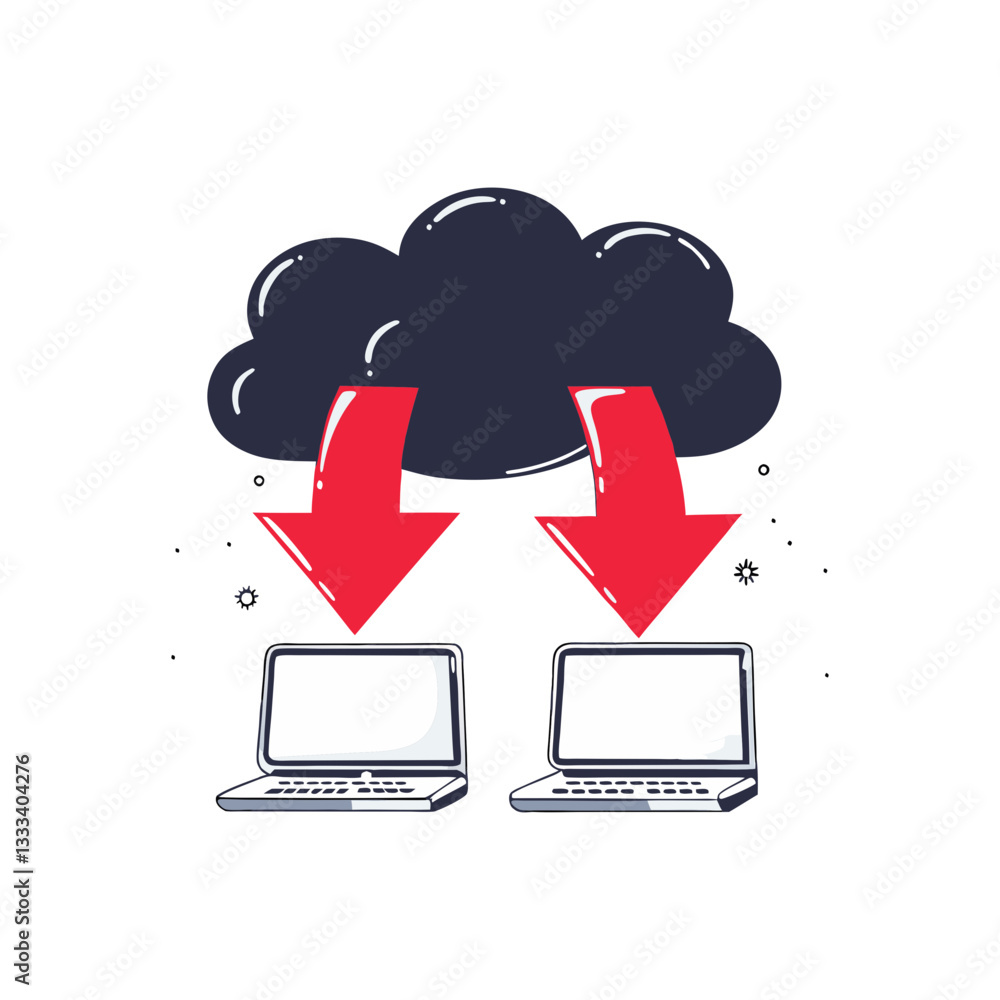Poster cloud data download icon with two laptops in a modern vector style. concept of cloud computing, file