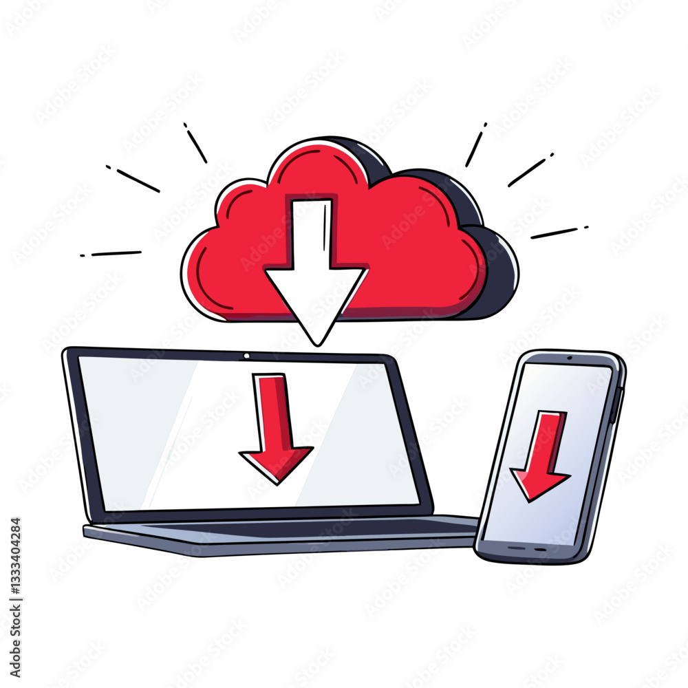 Poster cloud download icon with a laptop and smartphone in a modern vector style. digital data transfer and