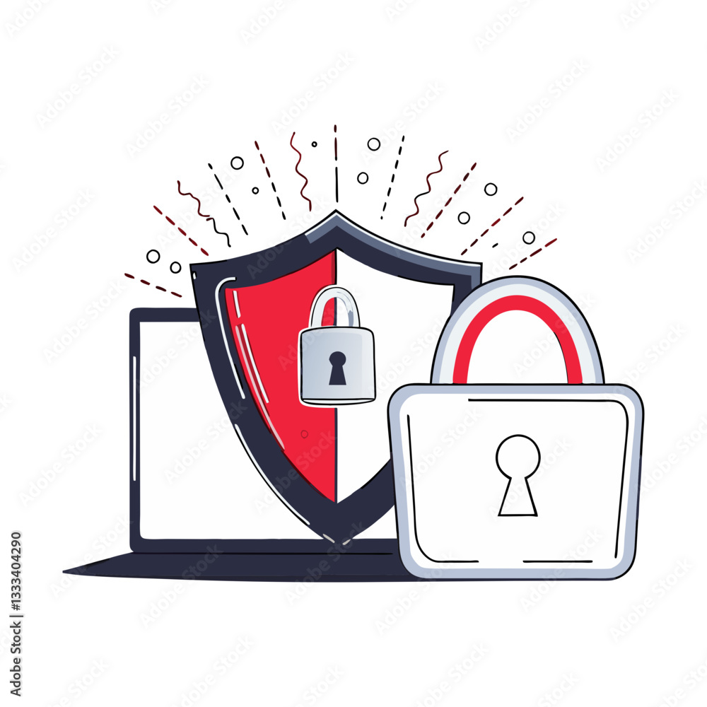Poster cybersecurity shield with a padlock and laptop in a modern vector style. secure internet protection 