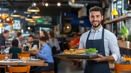 Fototapeta premium Smiling waiter serves delicious dishes in a modern restaurant setting