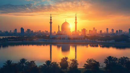 Naklejka premium Majestic sunset over a serene lake with a grand mosque silhouette, reflecting city skyline