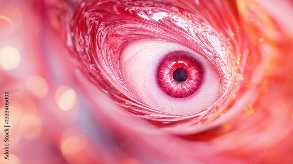 Poster abstract swirling pattern with vibrant red eye featuring intricate details and soft bokeh highlights