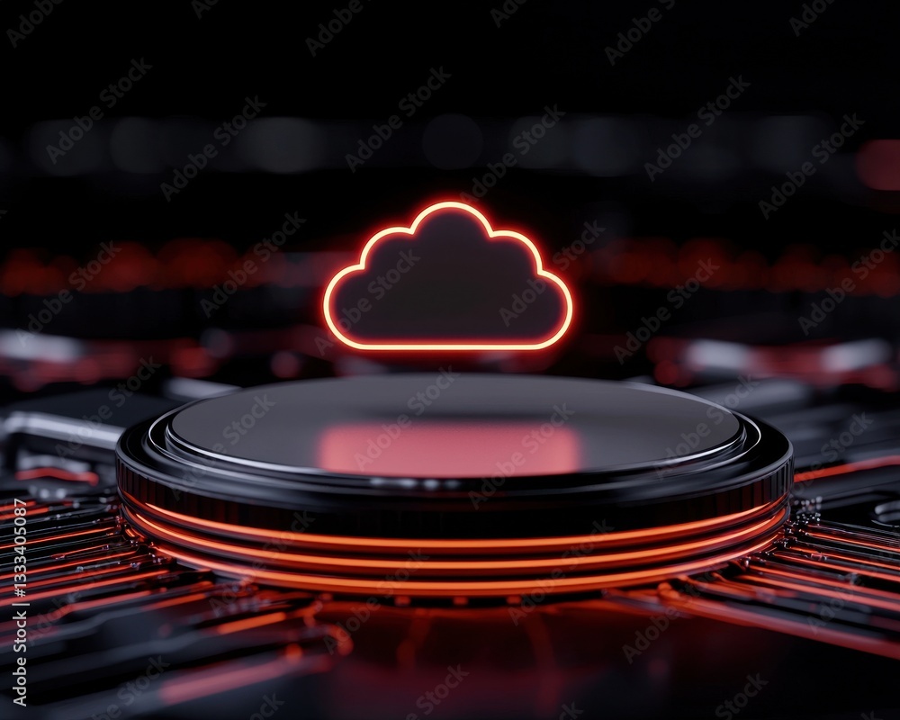 Poster futuristic cloud symbol illuminated in red neon on a digital circuit background.