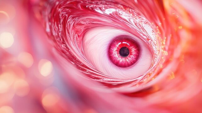 Abstract swirling pattern with vibrant red eye featuring intricate details and soft bokeh highlights for artistic backgrounds