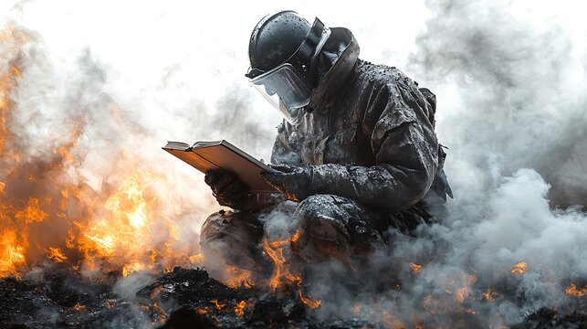 Firefighter reading amidst flames urban setting dramatic scene close-up