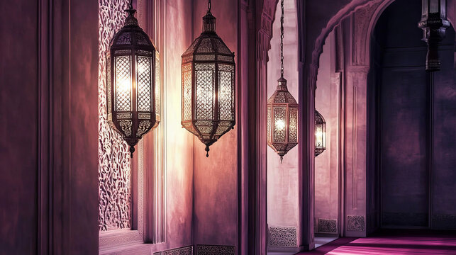 Ornate Lanterns Hanging in a Carved Hallway with Mauve Walls and Warm Light