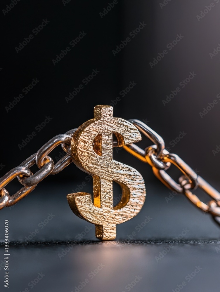 Poster golden dollar symbol locked by a chain representing financial security and constraints.