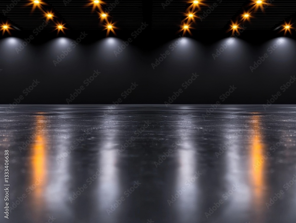 Poster illuminated floor with reflections under soft lighting in a dark environment.