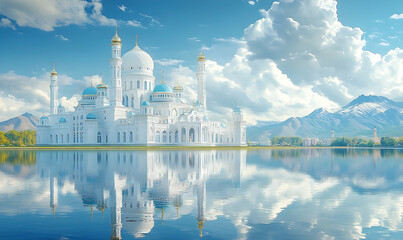Naklejka premium Majestic white mosque reflecting in serene waters, surrounded by mountains and fluffy clouds