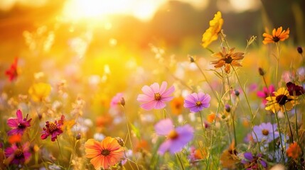 Fototapeta premium Warm Abstract Landscape of Dry Wildflowers at Sunset Glow