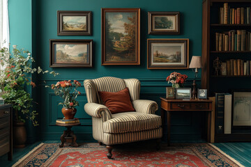 A chair sits on a rug in a room with a vivid painting on the wall.