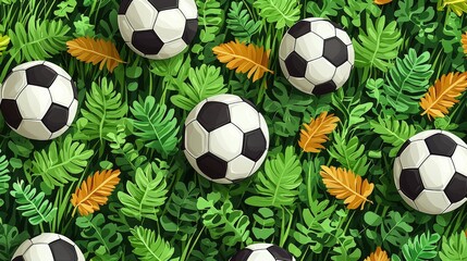 Naklejka premium Green Leaves and Soccer Balls on a Vibrant Nature Background for Sports and Leisure Themes