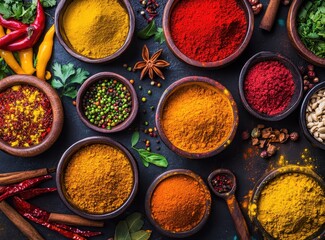 Vibrant Display of Colorful Spices and Herbs in Wooden Bowls on Dark Background Creating an Aesthetic Culinary Scene for Food Photography
