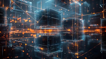 Abstract art inspired city with floating square buildings interconnected by glowing digital lines representing futuristic technology and architecture