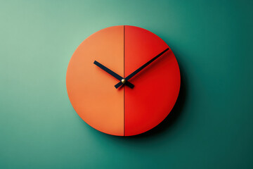 A clock with a red face against a green wall. Time indicated is 3:45, with Roman numerals. Elegant design adds a pop of color to the room.
