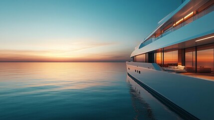 Luxury yacht at sunset on calm ocean.