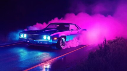 Night Drive: Classic Car, Neon Lights